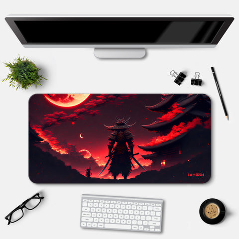 A samurai with katana on road with Sunset Desk Mat | Desk Pad | Mousepad