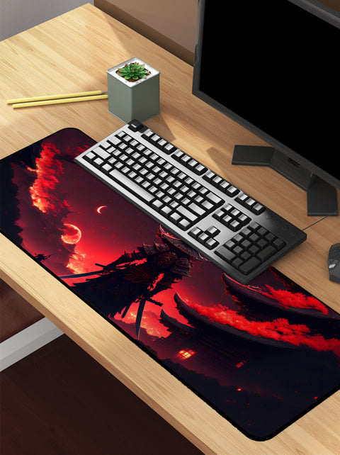 A samurai with katana on road with Sunset Desk Mat | Desk Pad | Mousepad