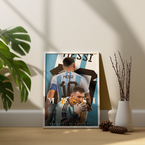 Messi Greatest of All Time with Trophy